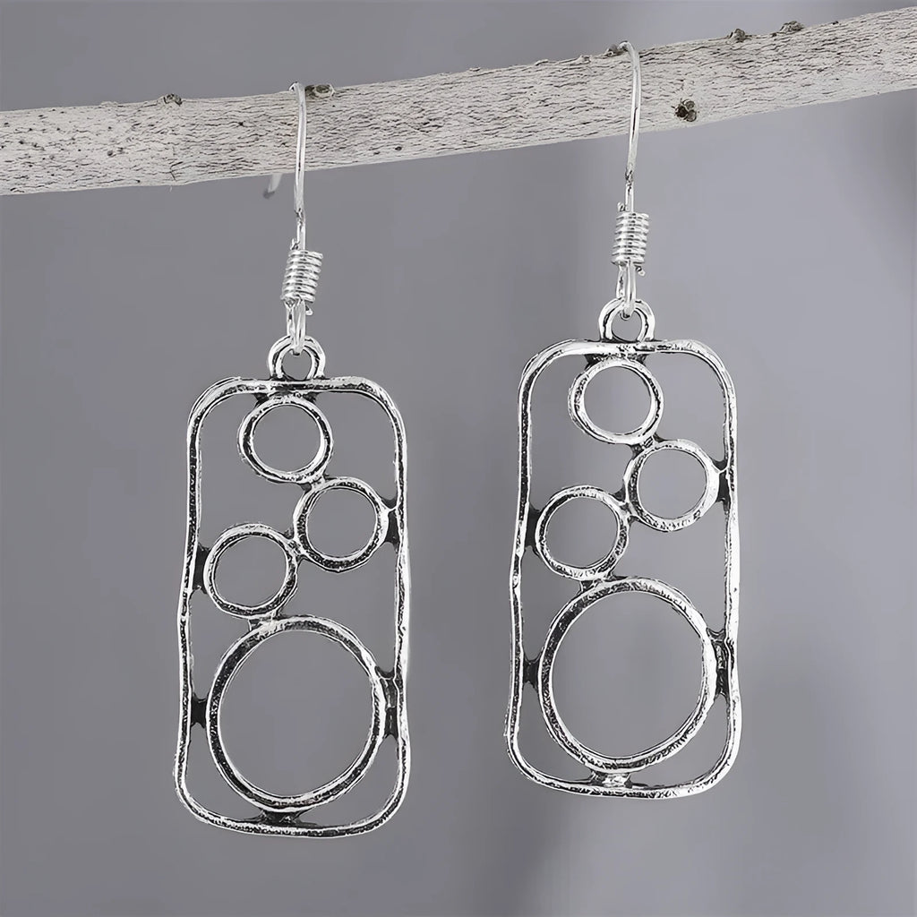 Geometric earrings with round ring and irregular square design in antique silver colour