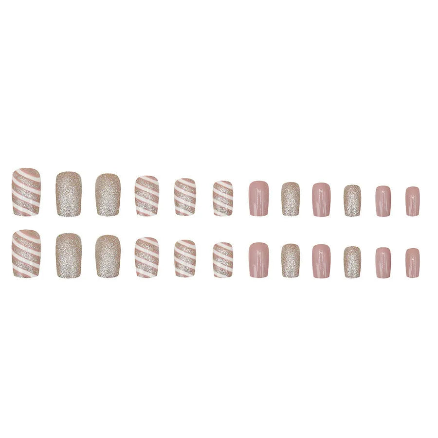 Champagne light white false nails with floral pattern, twill finish, mid-length wearable armour, and glue
