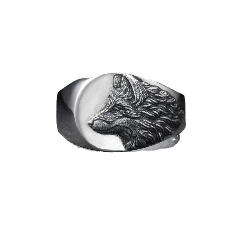 Men's geometric wolf head ring in silver alloy metal showing detailed wolf design