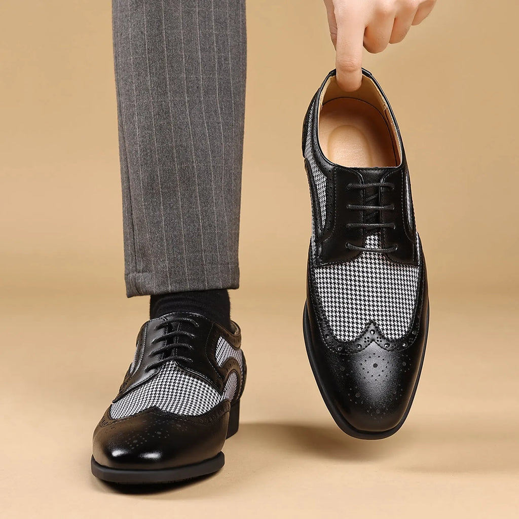 Men's black houndstooth patterned canvas lace-up shoes with a square toe and rubber sole.