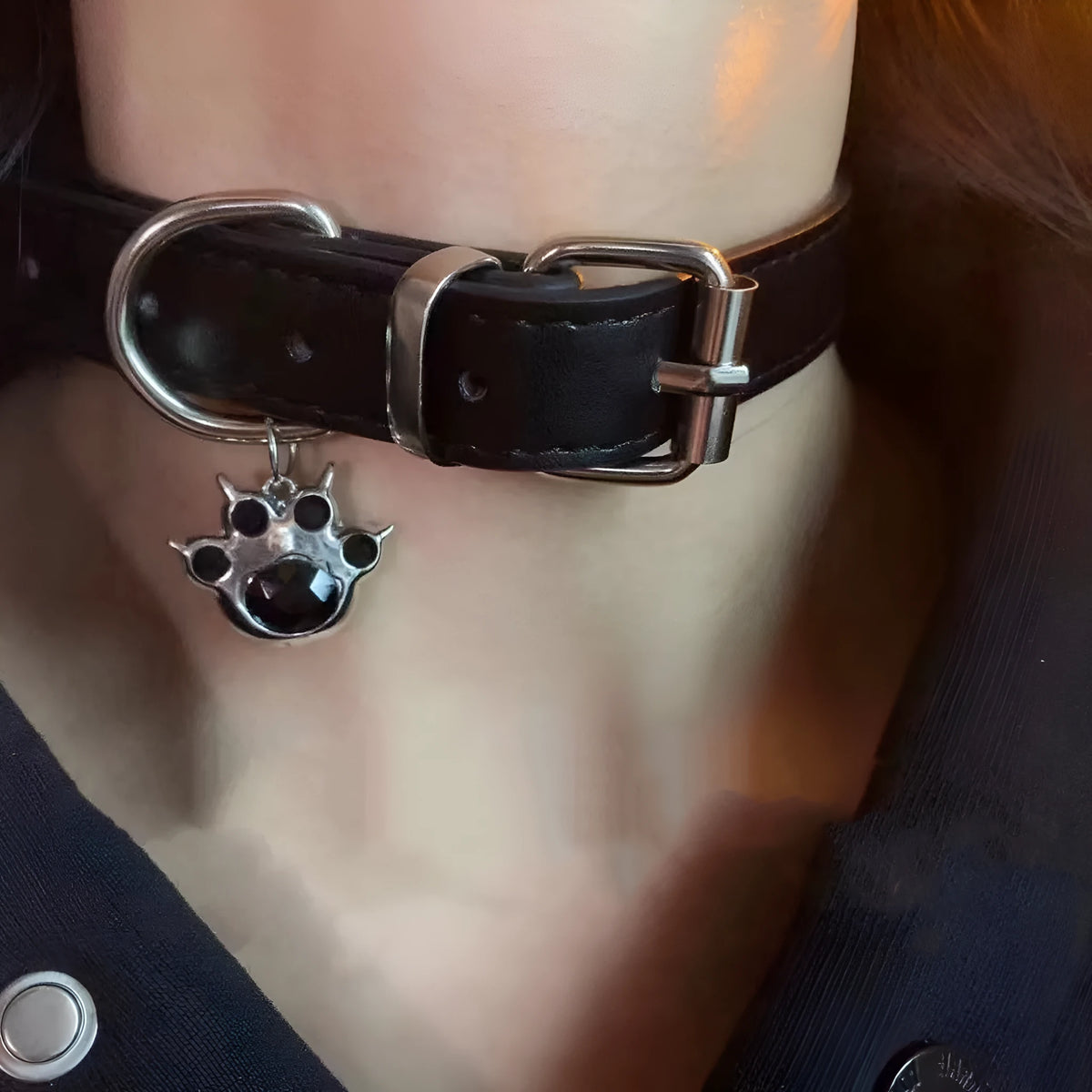 Black adjustable LD leather dog collar with a choice of cute bone or cat's paw charm.