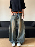 Men's retro blue distressed denim jeans with wide-leg trouser design and micro-elastic fabric
