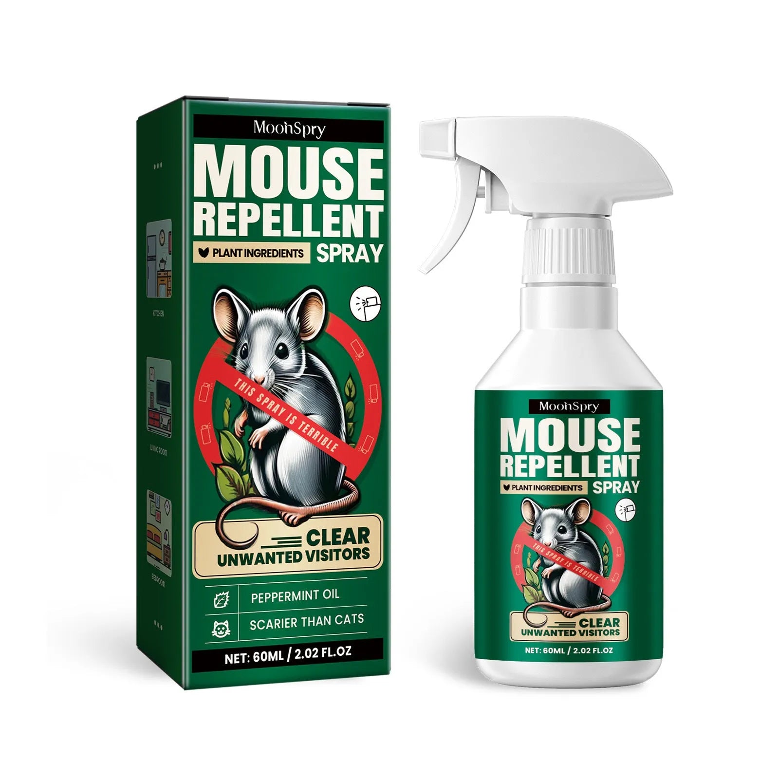 60ml bottle of natural rat repellent spray with essential oils for home and car use.