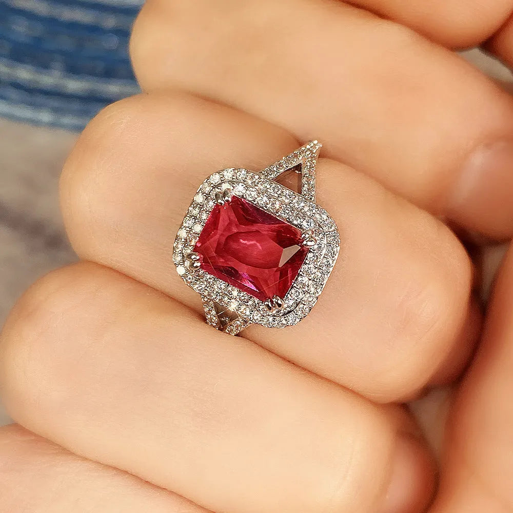 Geometric copper women's ring with square red rhinestone in sizes 6-10