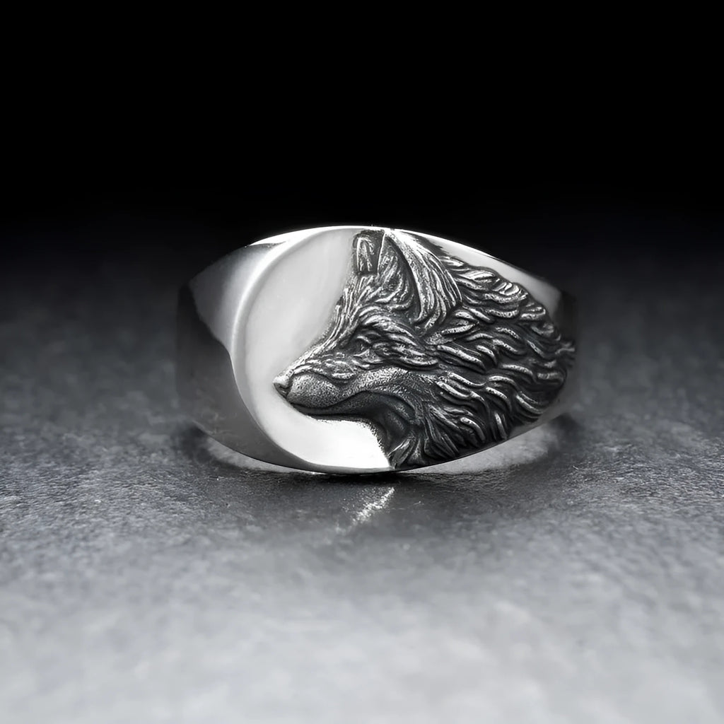 Men's geometric wolf head ring in silver alloy metal showing detailed wolf design