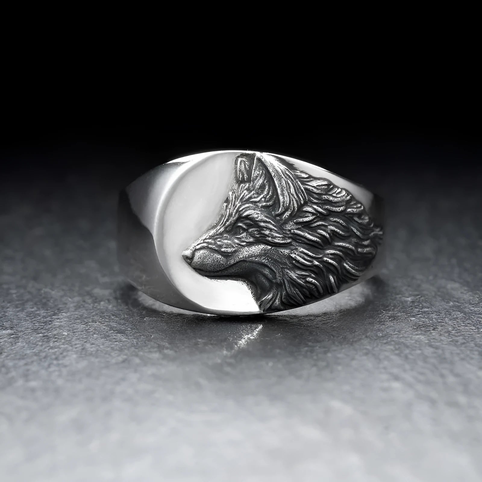 Men's geometric wolf head ring in silver alloy metal showing detailed wolf design