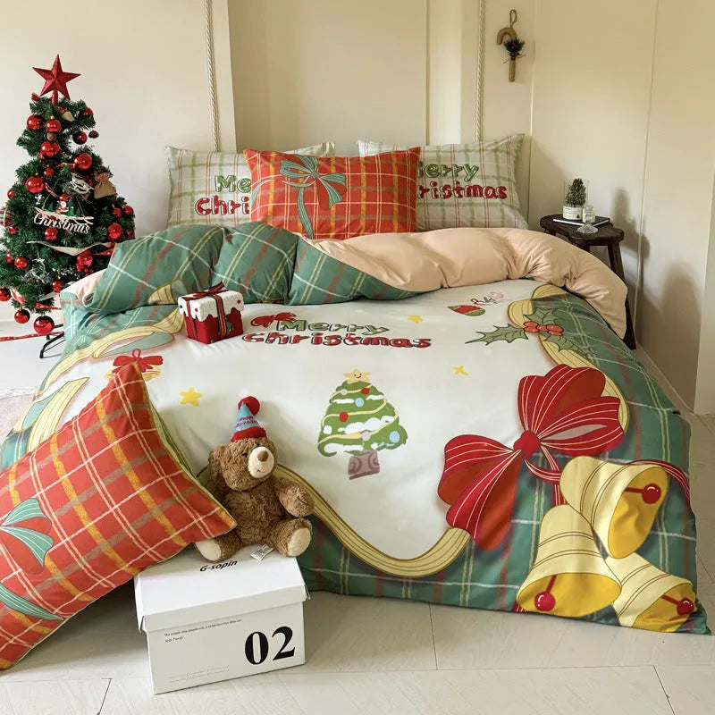 Christmas style super soft washed cotton printed four-piece bedding set with cartoon digital print patterns