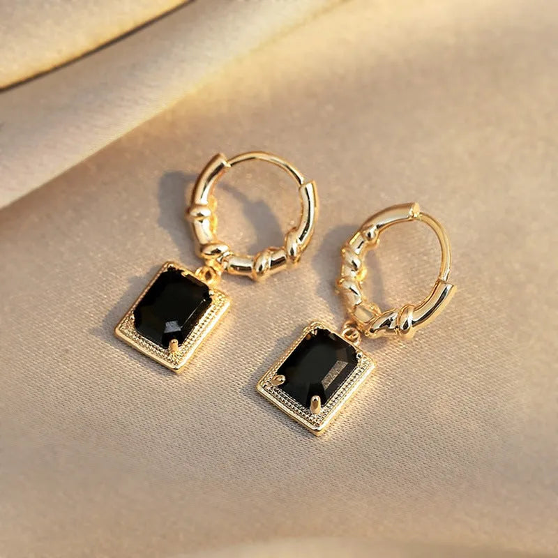 Copper geometric earrings with quadrilateral design in black zircon French court drop style