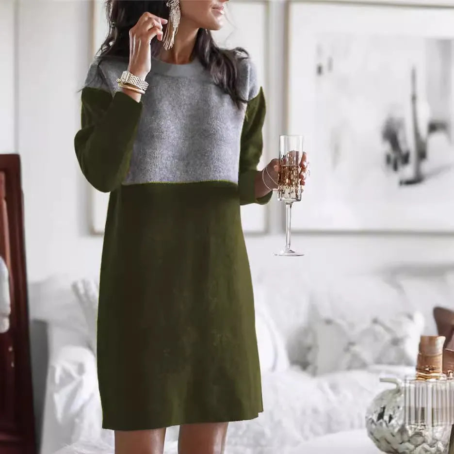 Brown women's polar fleece dress with patchwork collar detail and long sleeves