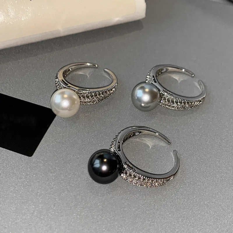 Adjustable open index finger ring with geometric design in matte black pearl finish