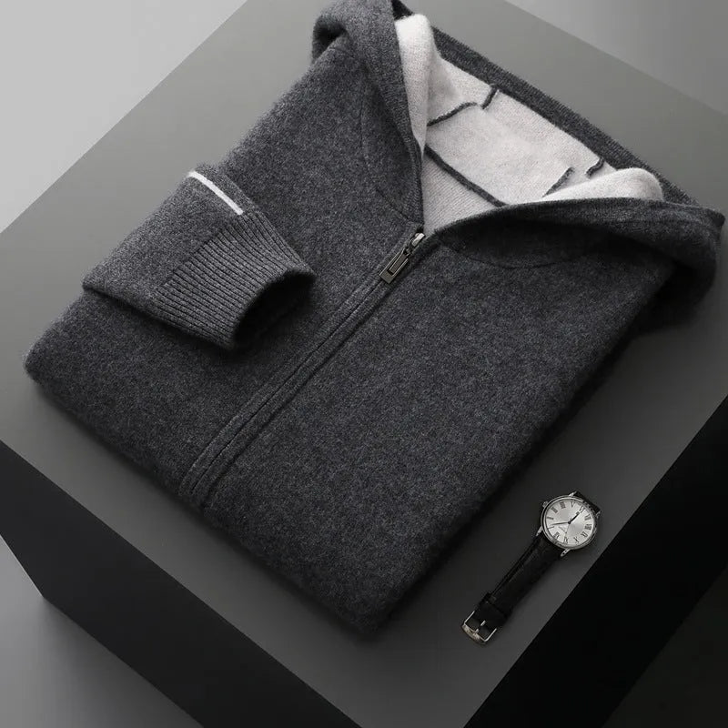 Men's dark blue cashmere zip-front cardigan sweater with half-high collar