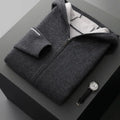 Men's dark blue cashmere zip-front cardigan sweater with half-high collar
