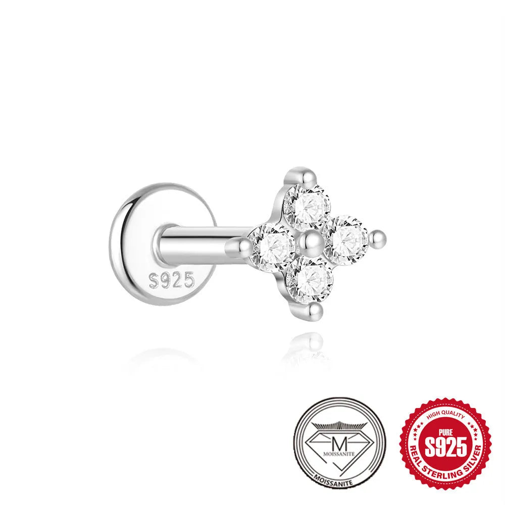 S925 Sterling Silver petal diamond stud earrings in platinum colour with geometric shapes including nose ring, triangle, and floral designs.