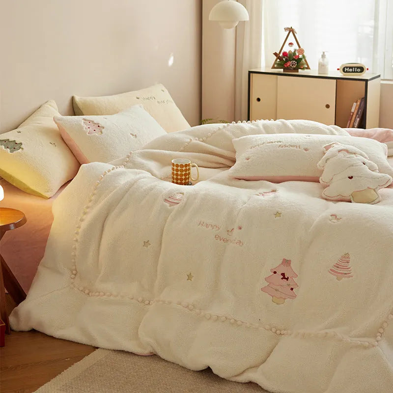 Winter milk fibre four-piece bedding set with green Christmas tree pattern and princess style design