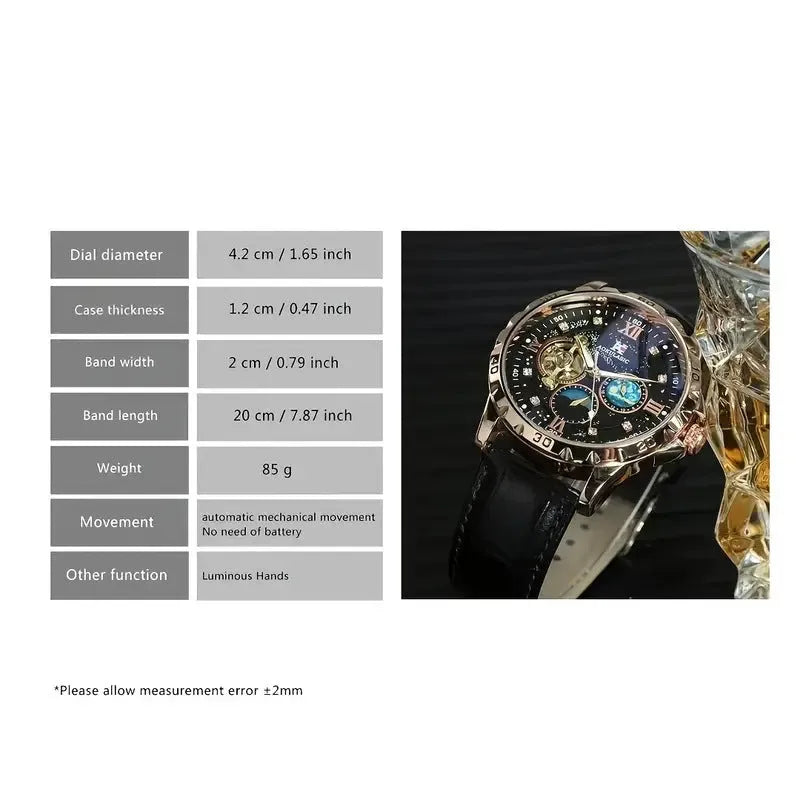 Automatic mechanical watch with hollow dial, black leather strap, and rose gold shell casing