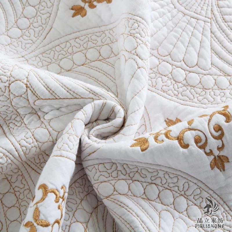 Double-thick pure cotton bed cover set with European-style embroidery for 1.8 metre beds