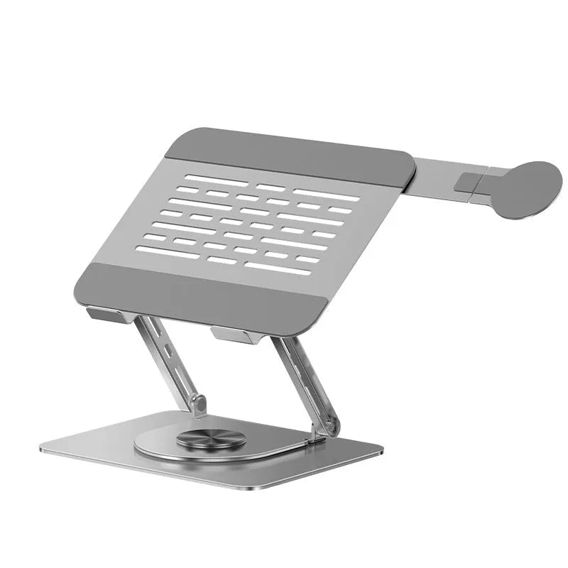 Silver carbon steel laptop stand with a side-mounted magnetic phone holder rotated to the front.