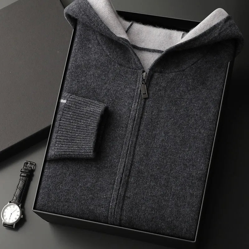 Men's dark blue cashmere zip-front cardigan sweater with half-high collar