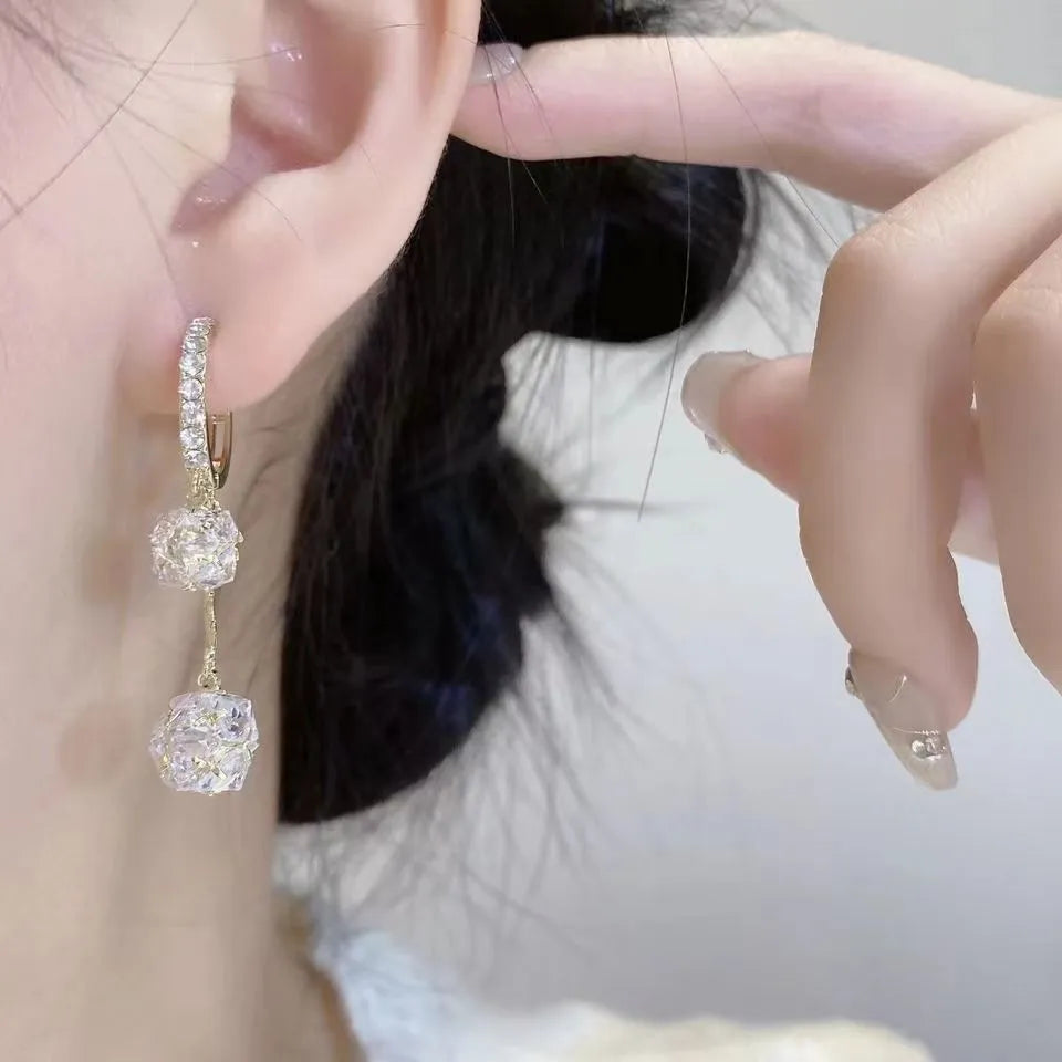 Silver women's drop earrings with tassel ball and rhinestone ball confession balloon design