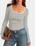 Women's slim fit square collar cotton pullover top in solid colours.
