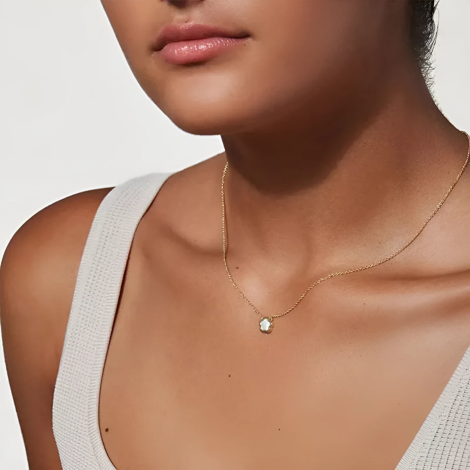 White mother shell flower necklace on copper O-chain available in gold and silver finishes for women