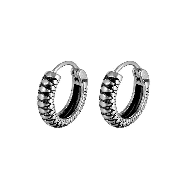 Silver geometric earrings with striped retro design made from stainless steel.