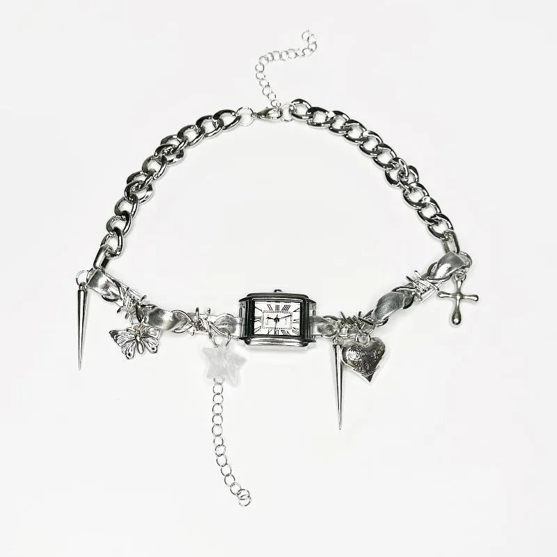 Dark style multi-layer cross necklace with hemp flower chain, adjustable 41-50cm length.