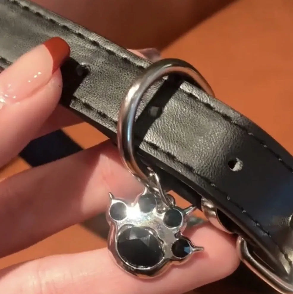 Black adjustable LD leather dog collar with a choice of cute bone or cat's paw charm.