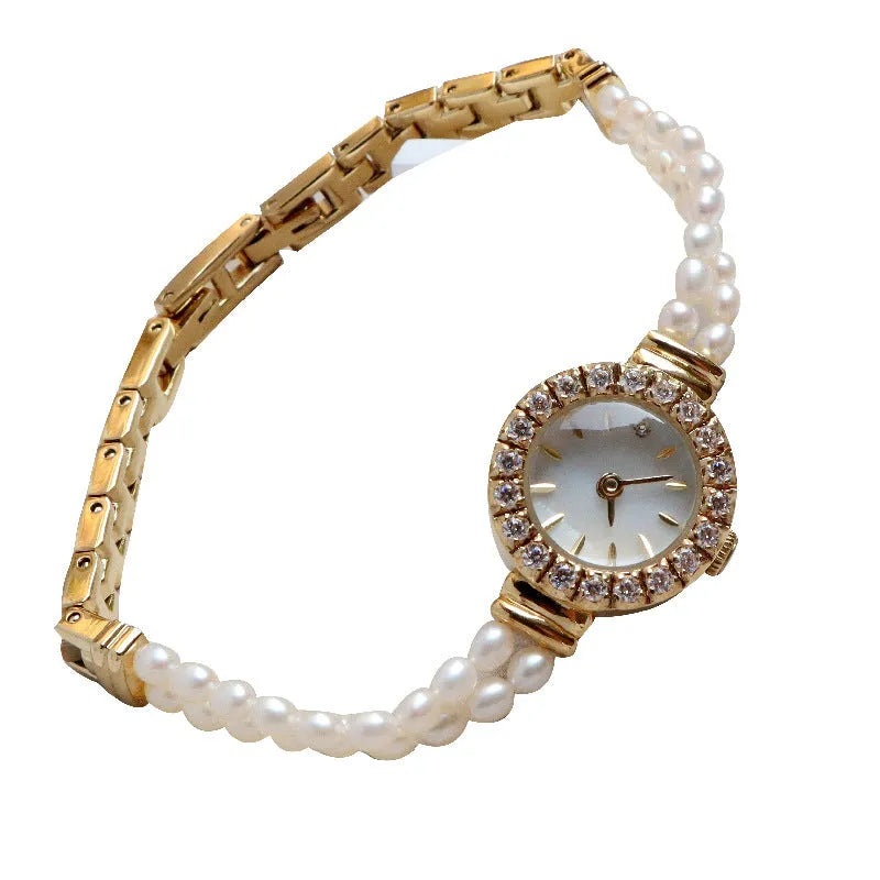 Light gold women's freshwater pearl bracelet watch with stainless steel strap and round mineral glass dial