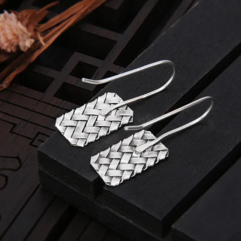 925 silver geometric earrings with woven diamond plaid pattern, 17.5mm drop.
