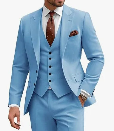 Men's three-piece slim fit suit in multiple colour options for business and wedding occasions