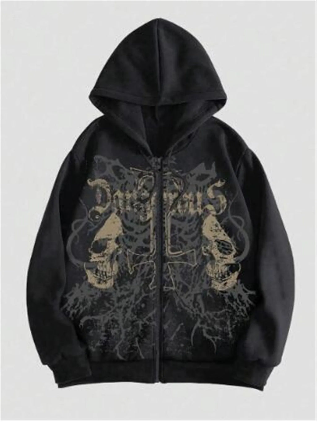 Men's black hooded sweatshirt with white skull print design, long sleeves, pullover style