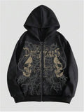 Men's black hooded sweatshirt with white skull print design, long sleeves, pullover style
