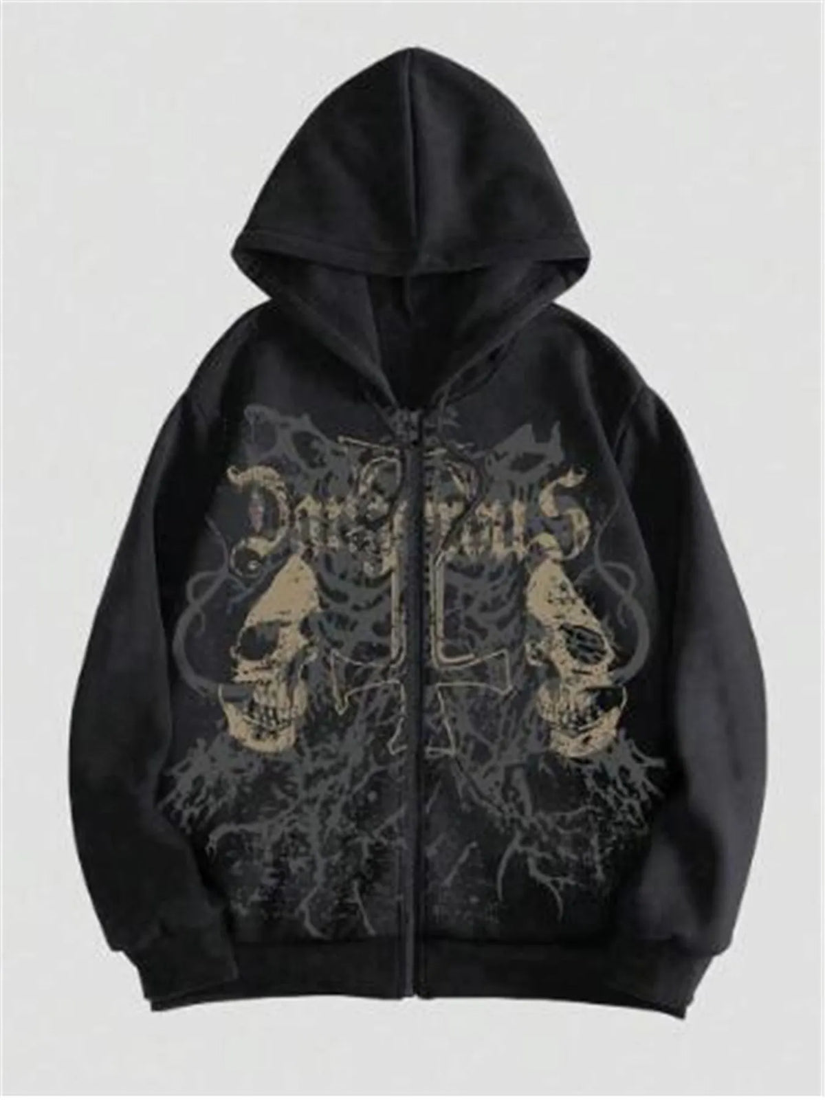 Men's black hooded sweatshirt with white skull print design, long sleeves, pullover style
