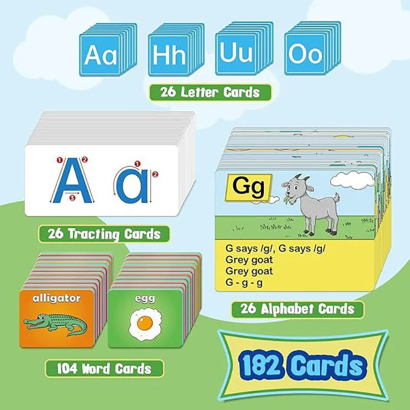 Children's alphabet learning sleeve chart with letter cards, word cards, and picture cards on a large 60x40 cm table mat.