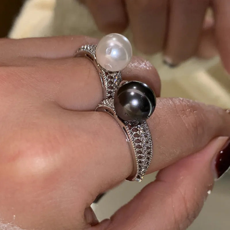 Adjustable open index finger ring with geometric design in matte black pearl finish