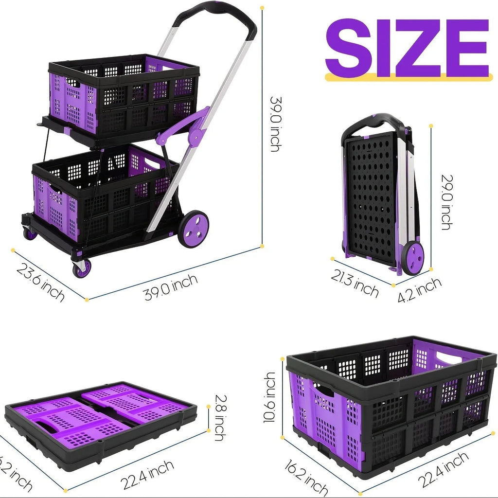 Personality foldable shopping cart with double baskets in blue, purple, pink, or red colours