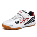 White and blue PVC badminton shoes with a ribbed sole and low-top casual design