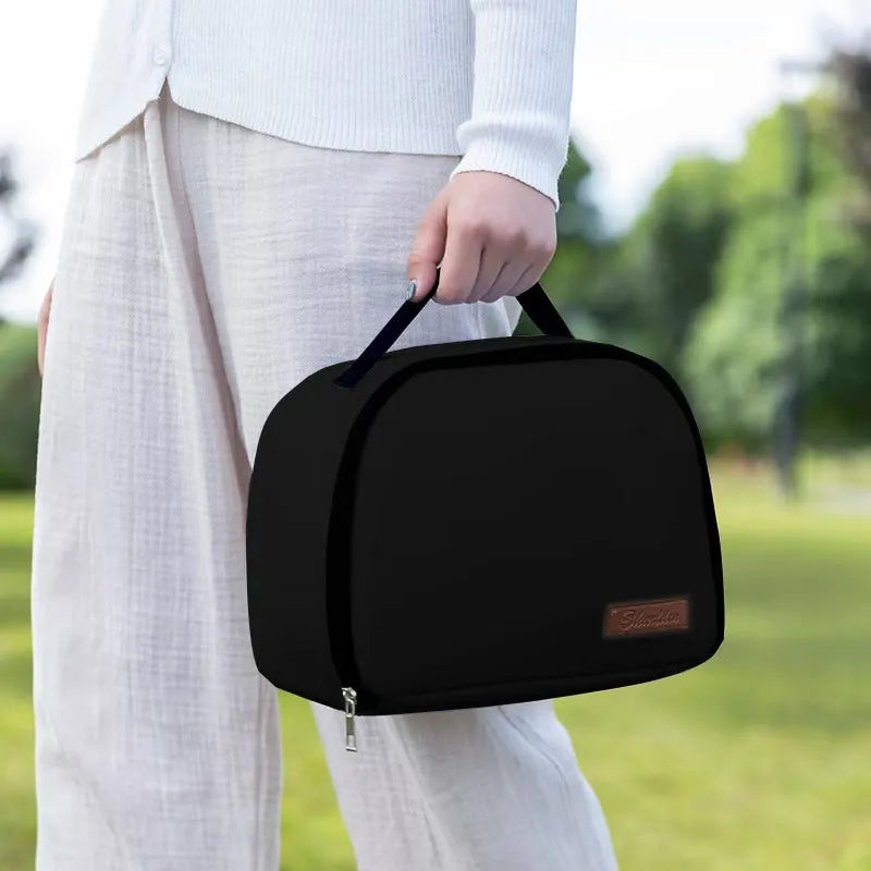 Insulated lunch box bag in textured cloth with large capacity for bento and rice, available in multiple colours