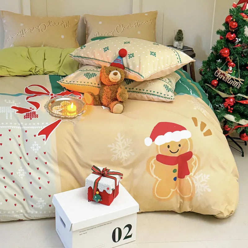 Christmas style super soft washed cotton printed four-piece bedding set with cartoon digital print patterns