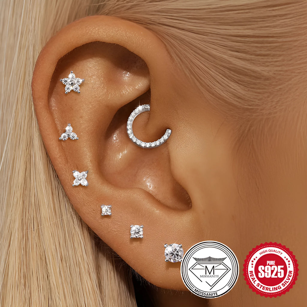 S925 Sterling Silver petal diamond stud earrings in platinum colour with geometric shapes including nose ring, triangle, and floral designs.
