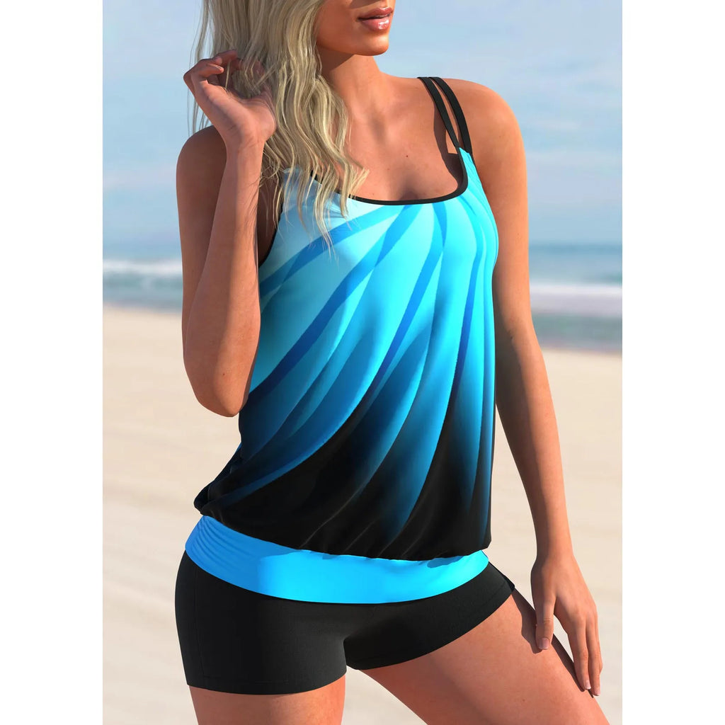 Plus size women's swimsuit with strapless top and matching shorts in butterfly print pattern