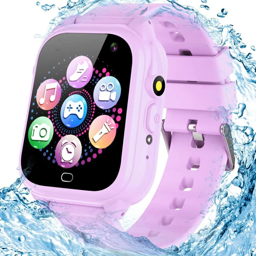 Children's waterproof smart watch with 1.4 inch screen, plastic body, USB charging, in black, pink, blue or purple.