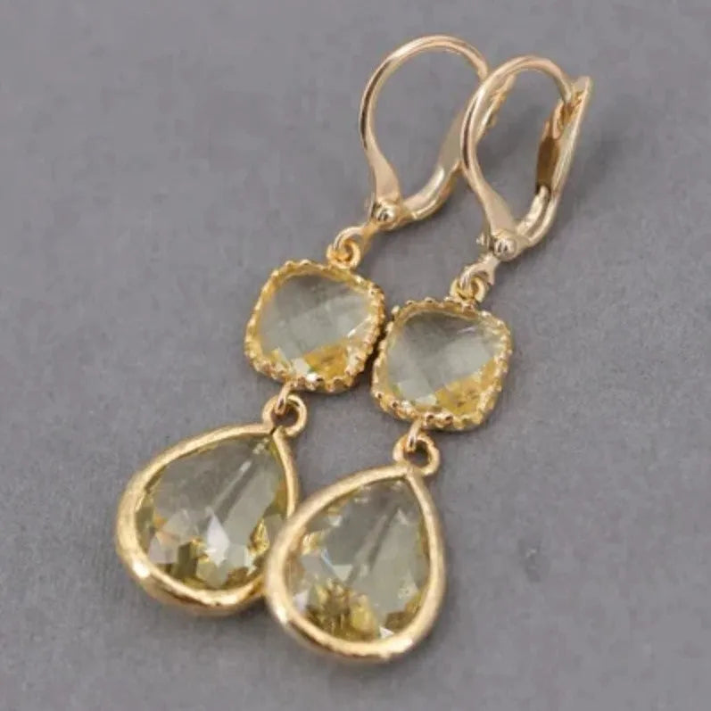Gold geometric retro earrings with long crystal fringe and water droplet elements