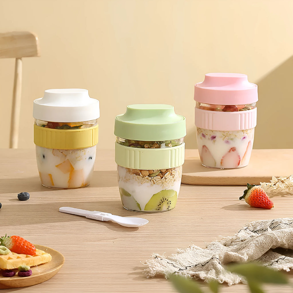 Green purple white pink salad cup with breakfast oat lid and spoon in 480ml or 570ml sizes