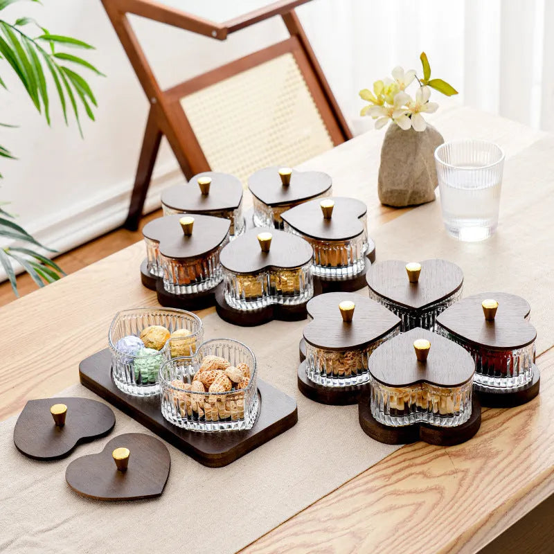Glass snack serving tray with transparent heart-shaped lid in retro style, shown in 2-grid, 3-grid, 4-grid, and 5-grid options.