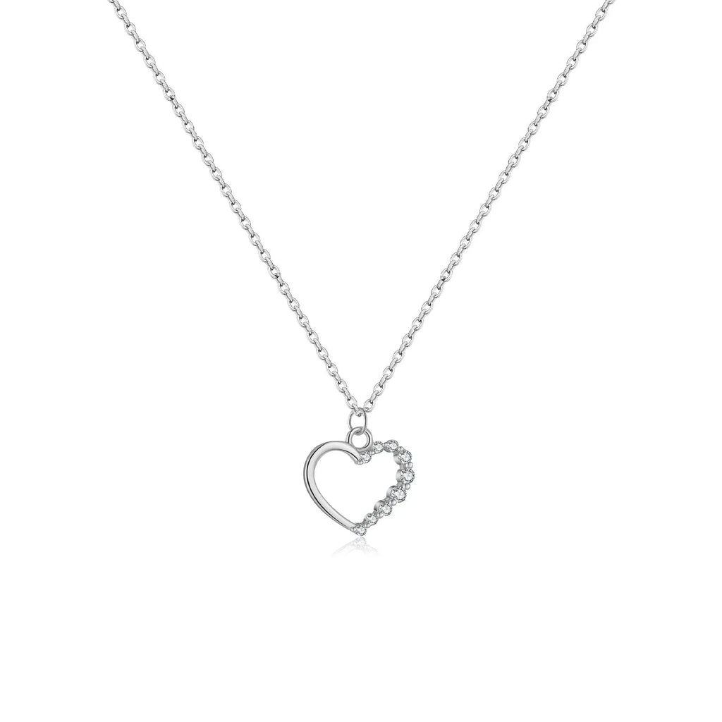 S925 sterling silver hollow heart and circle pendant necklace on a regular chain, shown in two colour finishes.