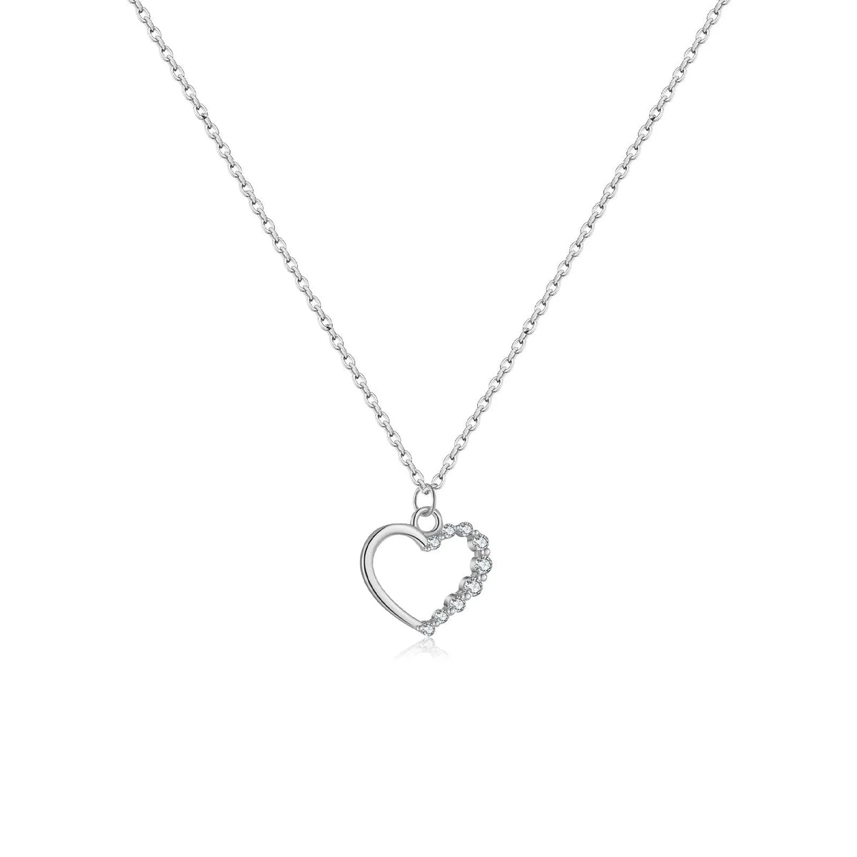 S925 sterling silver hollow heart and circle pendant necklace on a regular chain, shown in two colour finishes.