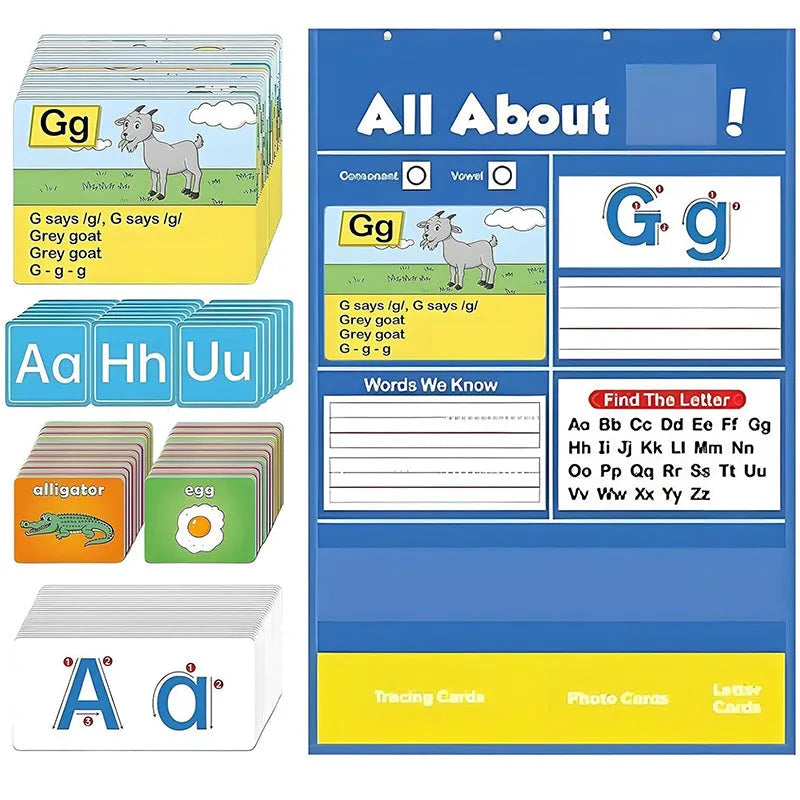 Children's alphabet learning sleeve chart with letter cards, word cards, and picture cards on a large 60x40 cm table mat.