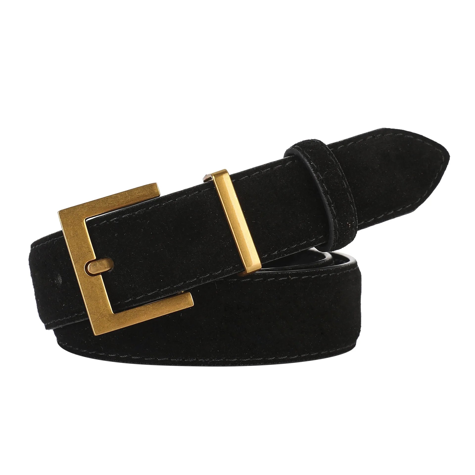 Ladies' leather pin buckle belt in black, caramel, dark brown, or light brown with quadrilateral alloy buckle